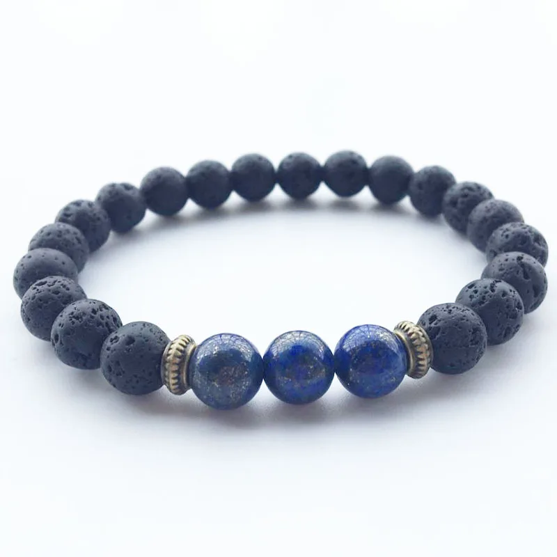 

GC-BC0122 Men Women 8mm Black Lava Rock Lapis Lazuli Energy Stone Beads Stretch Bracelet