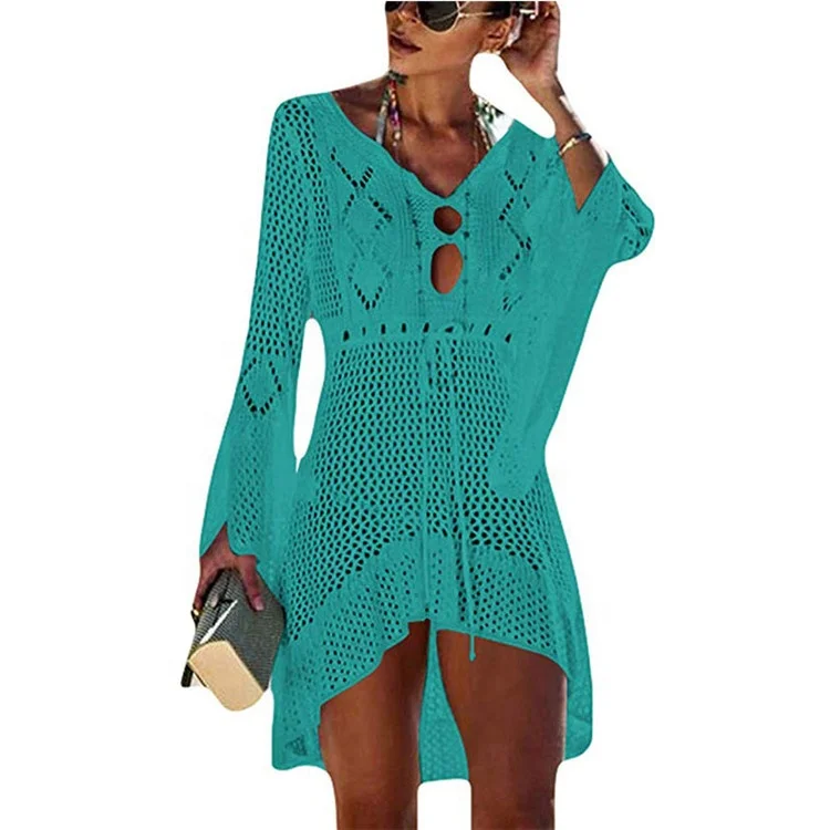 

Hollow Out V Neck Crochet Bell Sleeve Bathing Suits Cover Up Beach Dress Women, Solid
