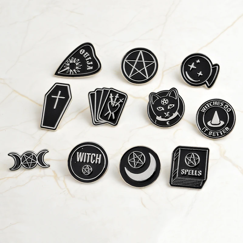 

QIHE Halloween Ouija Moon dagger heart crystal ball spells witches do it better coffin Enamel lapel pin Badge