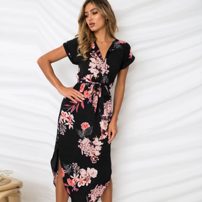 

2019 Summer Knee-Length Asymmetric Printed Casual Dresses