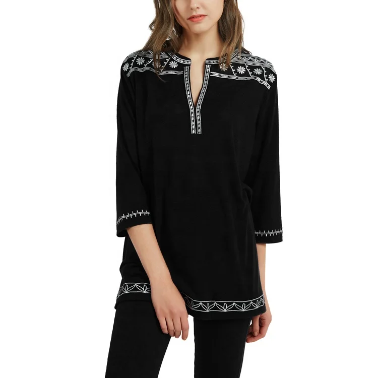 

5000PCS Stock Women Casual Tops 3/4 Sleeve Hot Sale Chiffon Thin Boho Elegant Embroidered Blouse Short Sleeve T-Shirt Women, N/a