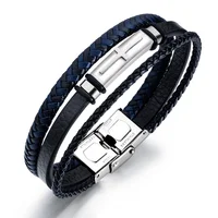 

Luxury Jewelry Layered Mens Cuff Stainless Steel Genuine Leather Bracelet