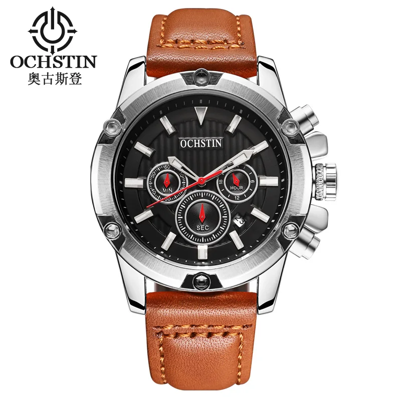 

OCHSTIN GQ075A Top Brand Sports Men Watch Fashion Big Dial Chronograph Leather Wristwatch Auto Date Casual Military Quartz Watch