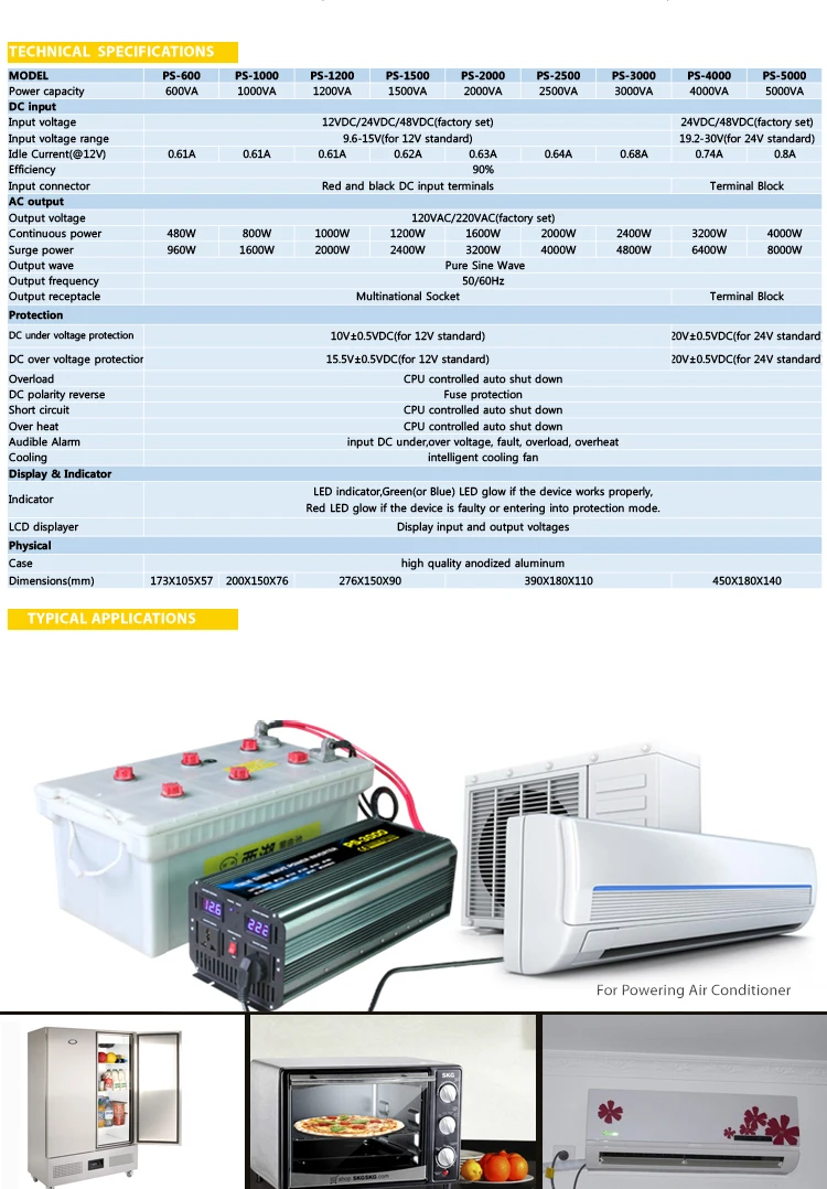 3000W pure sine wave inverter DC input 12V 24V 48V to AC output 220V 230V 3KW power charger inverter