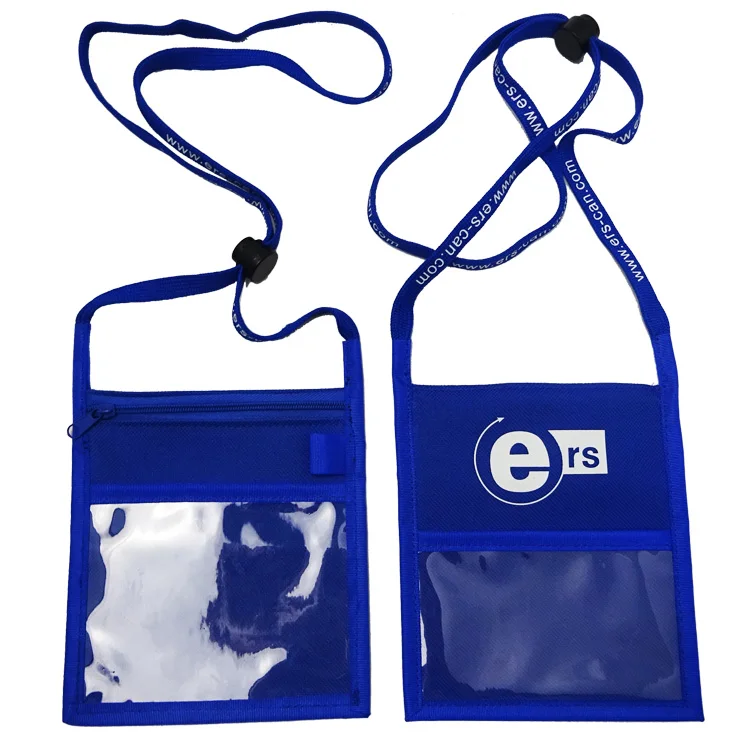 China Supplier Polyester Zipper Travel Neck Pouch With ID Clear PVC Window