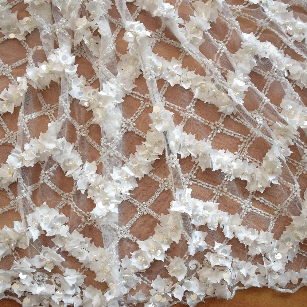 Heavy Wholesale Beaded Lace Fabric Dubai Net Embroidered Tulle Crystal