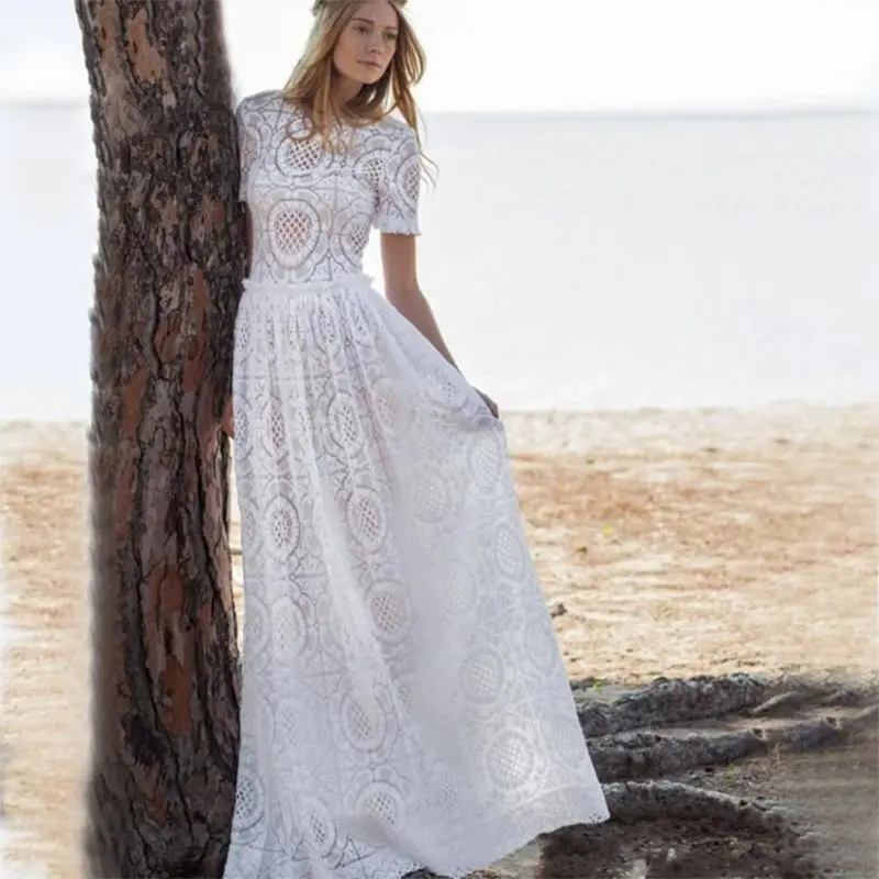 

L38625 Fashion White chiffon Maxi Bohemian Short Sleeve Lace Beach Maxi Dress