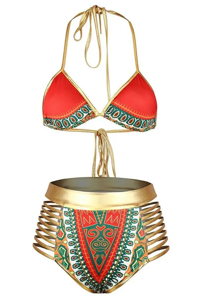 Women's African Tribal Bikini Metallic Cutout High Waist Bikini Sets ...