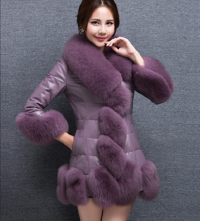 

New autumn and winter PU leather jacket women's faux fox fur long coat