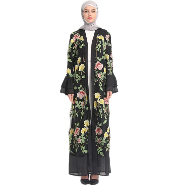 

2019 Women Elegant Flare Sleeves Islamic Fashion Embroidery Flower Dubai Abaya New Designs, Purple.yellow;red