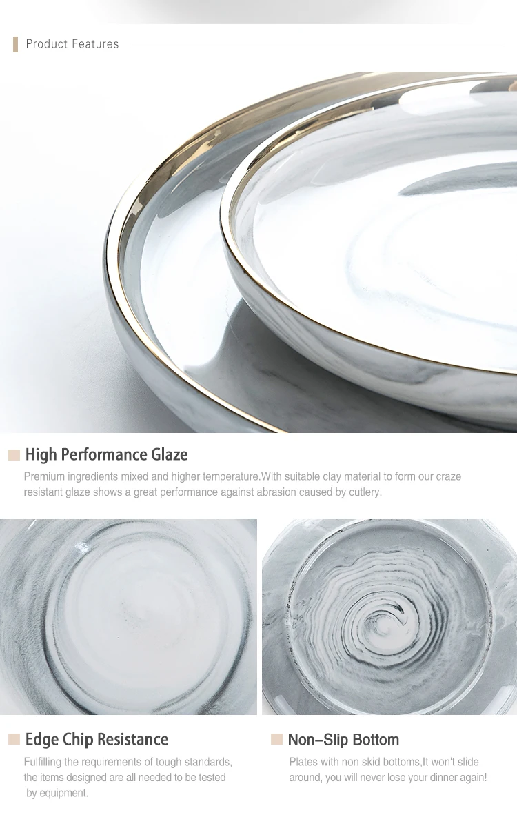 Hotel China Ware Gold Rim Grey Flat Round Ceramic Porcelain Marble Charger Plate, Marble Dish^