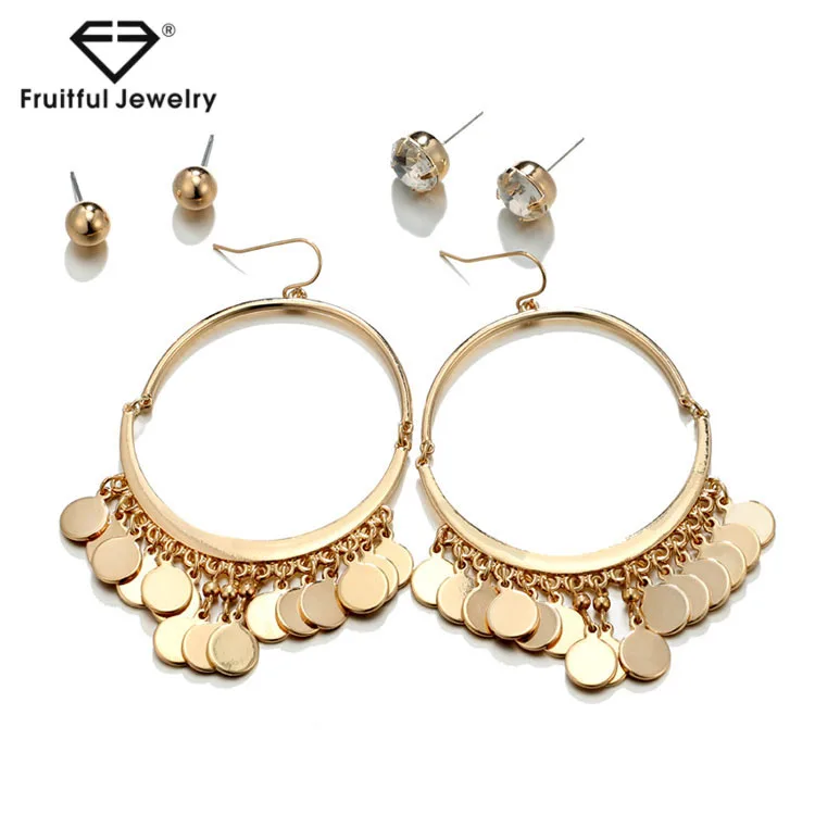 NEW HOT Trendy Big Round Coin Tassel Dangle Earring Sets for Women Oversize Gold Color Sequin Pendant Drop Earrings Jewelry