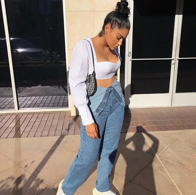 Fashion Oem Foldover Waist Boyfriend Denim Style Jeans Women