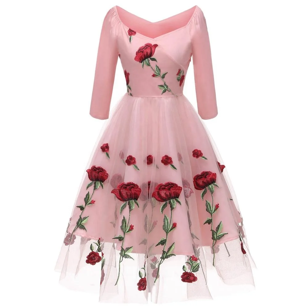 

DN-CD1657 Wholesale ladies round neck pink organza rose embroidery dress, Shown