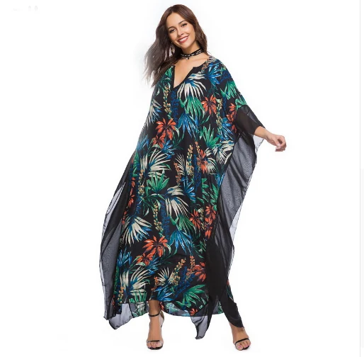 

Boho Tropical Floral Print Summer Long Maxi Dress Women Batwing Sleeve V Neck Loose Beach Tunic Dresses Vestidos, Green