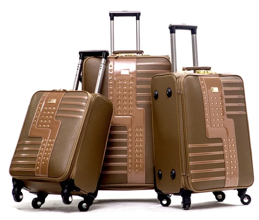New Stud Design Pu Leather Trolley Luggage With 4 Retractable Wheels