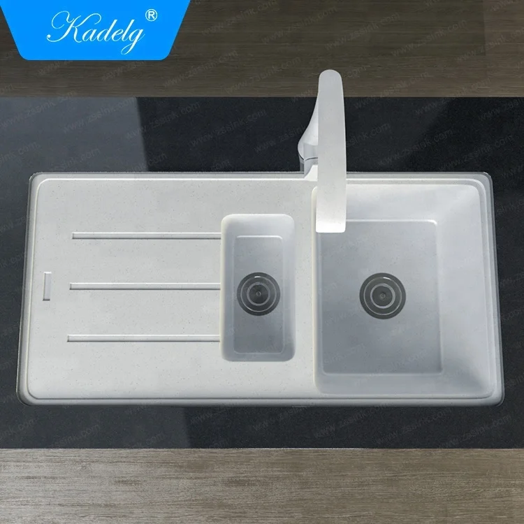 38" White Double Bowl Kitchen Sink with Drainboard