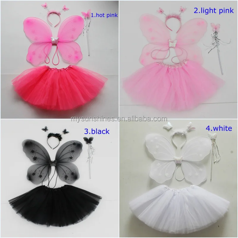 
wholesale three layers tulle hot pink tutu skirt with hot pink butterfly set for fashion angel girls 