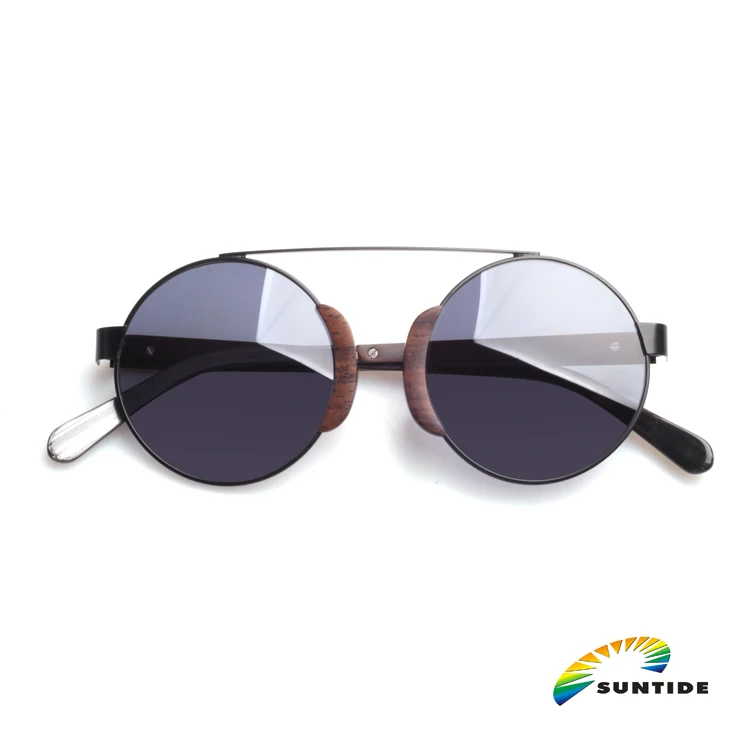 Wholesale wooden and metal round sunglasses small size wood sunglasses with case packing