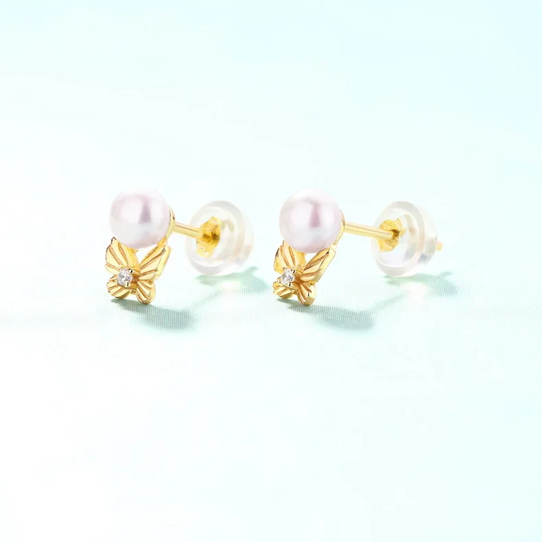 Stylish Silver Butterfly Freshwater Pearl Gold Stud Earrings