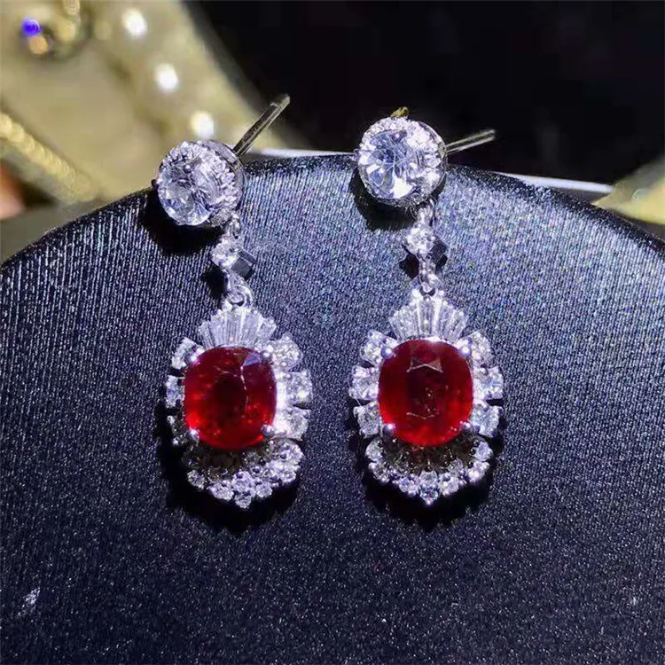 

Saudi Arabia wedding eardrop gemstone jewelry 18k gold 2.14ct natural unheated pigeon blood red ruby pendant earring for women, Vivid red