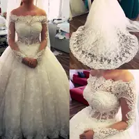 

Ball-Gown Off-the-Shoulder Amazing Lace Pearls Long-Sleeves Wedding Dresses Crystal Bridal Gowns Beading Wedding Gowns