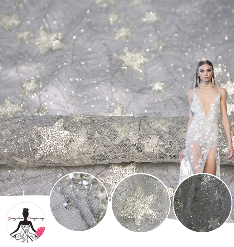 

New Arrival Spanish Lace Dubai Glitter and Lace Fabric, Star Glitter Tulle Mesh Turkey Lace for Women Evening Dress, N/a