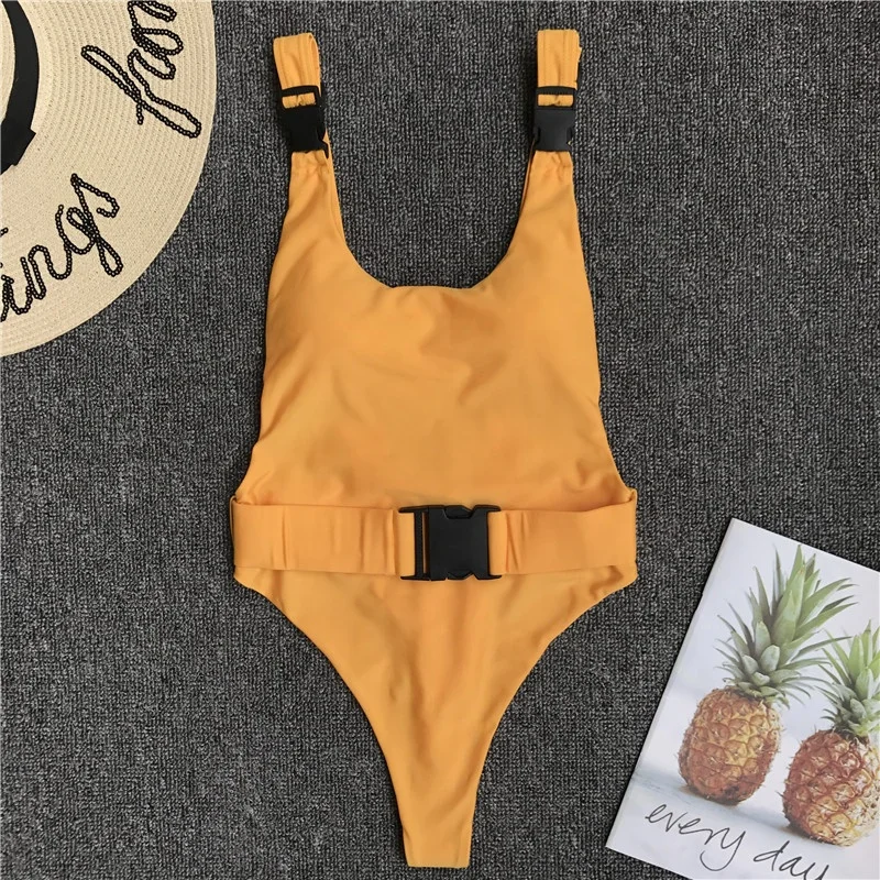 

Belt One Piece Open Back Swimsuit Women Solid Swimwear Cut Out Monokini Trikini, White;yellow;navy