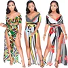 2019 hot sell 3 colors women flora Boho Printed 2 Piece Set Outfit Deep V-neck Crop Top and Split Pants with Belt