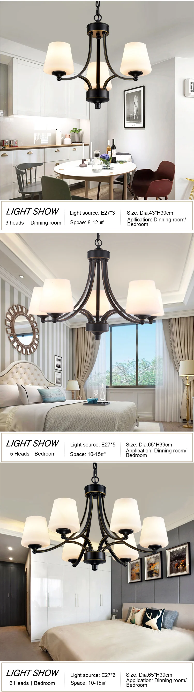 Elegant modern ceiling hanging E27 dining room bedroom lighting chandelier de table classic