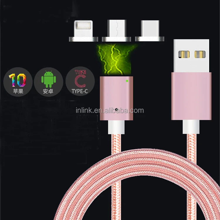 

3in1 Magnet Type C Cables Magnetic Mobile Phone Charging Cable Android Charger Micro USB Data Nylon Cable for iPhone, Gray/gold/sliver