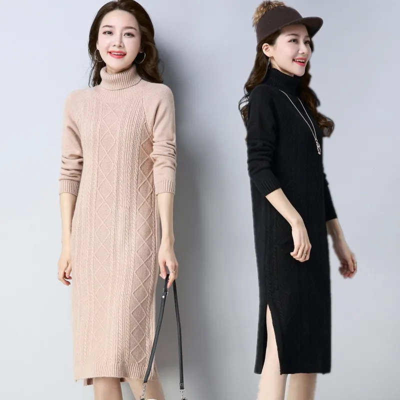 

2018 new arrival turn down collar wholesale cheap over knee cable knitted dress sweater, Grey;deep grey;navy;bordeaux