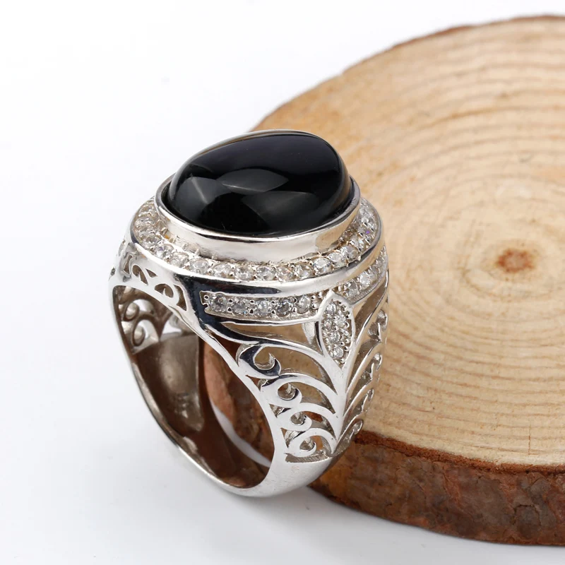 

High Quality Fashion 925 Sterling Silver Engraved Men Ring White Gold Plated Big Agate Finger Ring