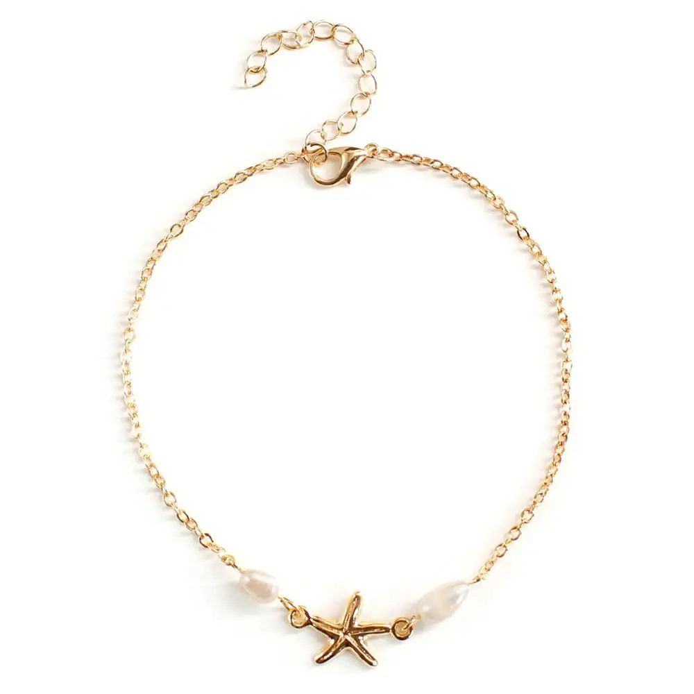 

Women New Gold Beach Fashion Jewelry Summer Hotwife Pearl Starfish Charm Simple Foot Anklet, Gold,silver