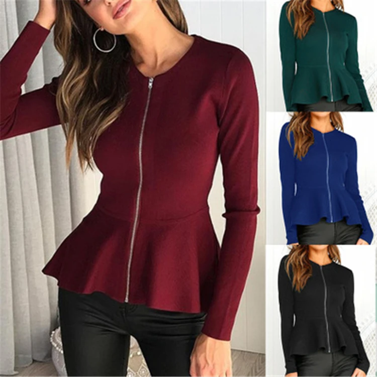 

DCF-18717 autumn and winter round neck long sleeve zipper slim short coat women's clothing, N/a