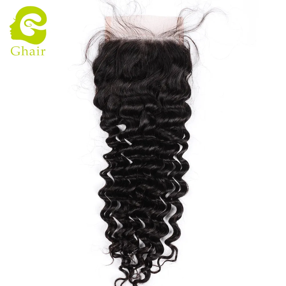 

Ghair 9A human hair deep wave 4*4 French lace closure, Natural color
