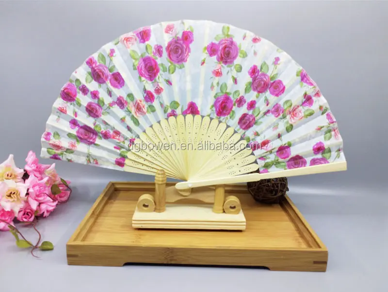 Chinese Folding Hand Fan Japanese Cherry Blossom Design Silk Costume Part Hb 