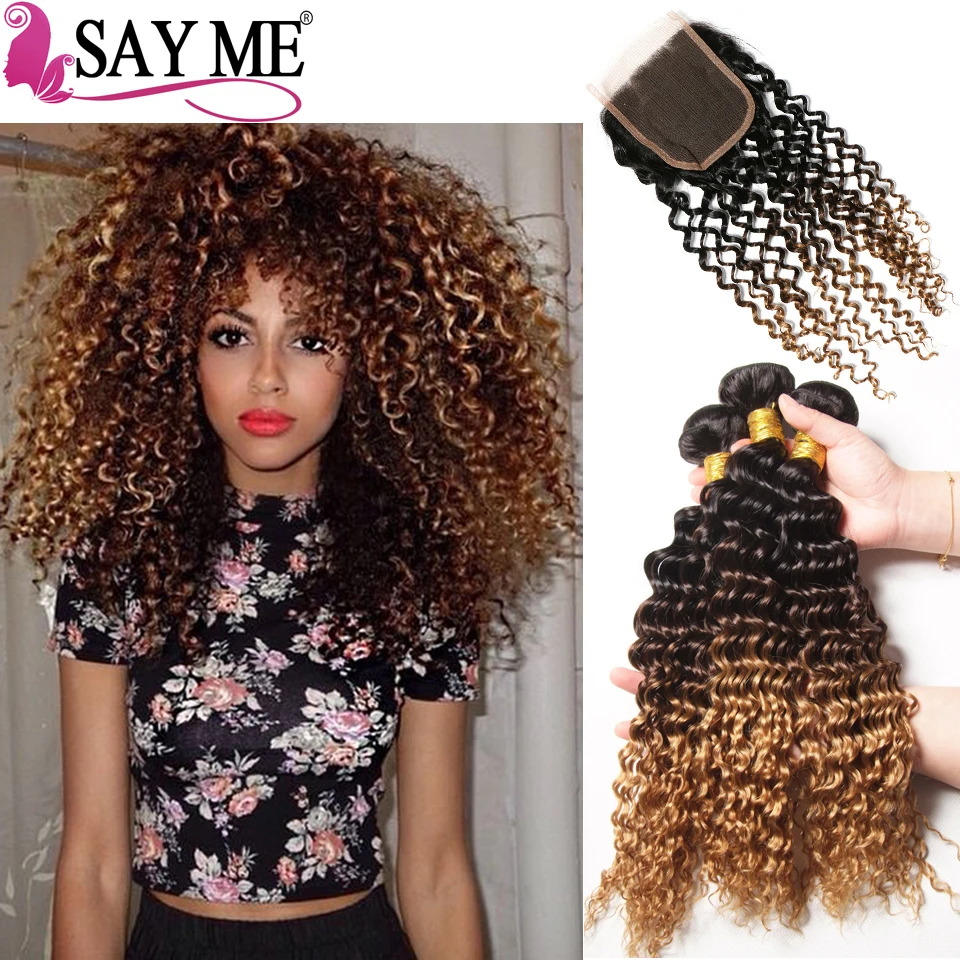 

Top Quality 1b 4 27 Ombre Blonde Human Hair Malaysian Kinky Curly 3 Bundles With Lace Closure