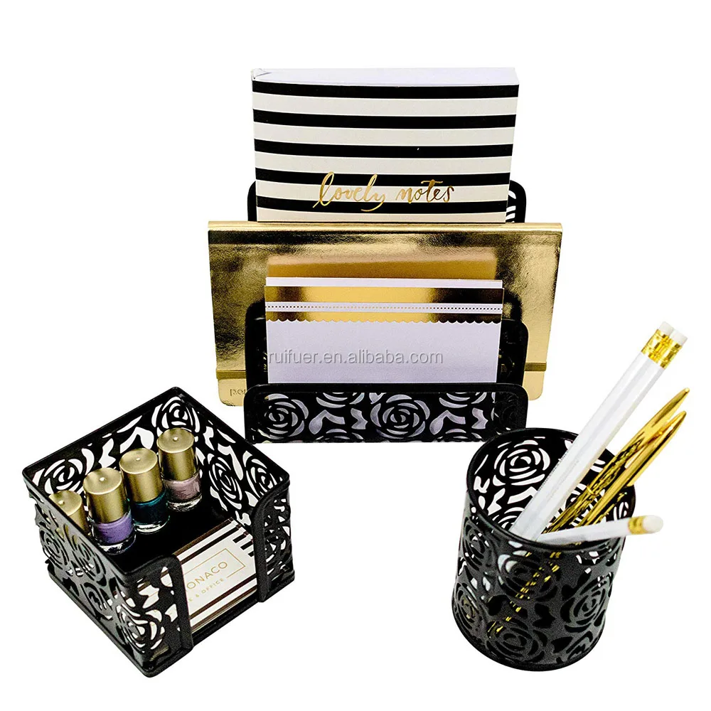 Metal Hollow Flower 3 In 1 3 Piece Desk Accessories Set Letter