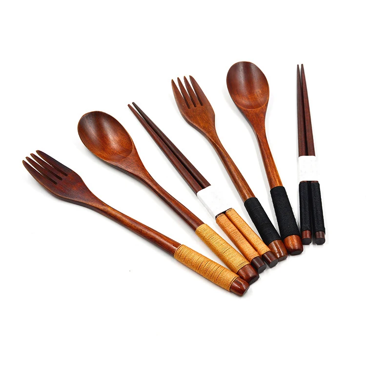 

Japanese Style 3 pcs/set Wooden flatware Environment Cutlery for Children Nature Wood Fork Spoon Chopsticks Baby Dinnerware Set, Brown