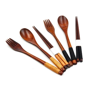 Image of Japanese Style 3 pcs/set Wooden flatware Environment Cutlery for Children Nature Wood Fork Spoon Chopsticks Baby Dinnerware Set