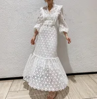 

2019 Summer Embroidery patchwork lace stand-up collar high waist women dress hollow out long sleeve two-piece ladies dress