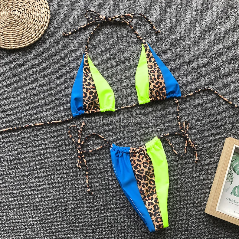 2019 Sexy Leopard Patchwork Sling Tie Halter Thong Micro Bikini Sets