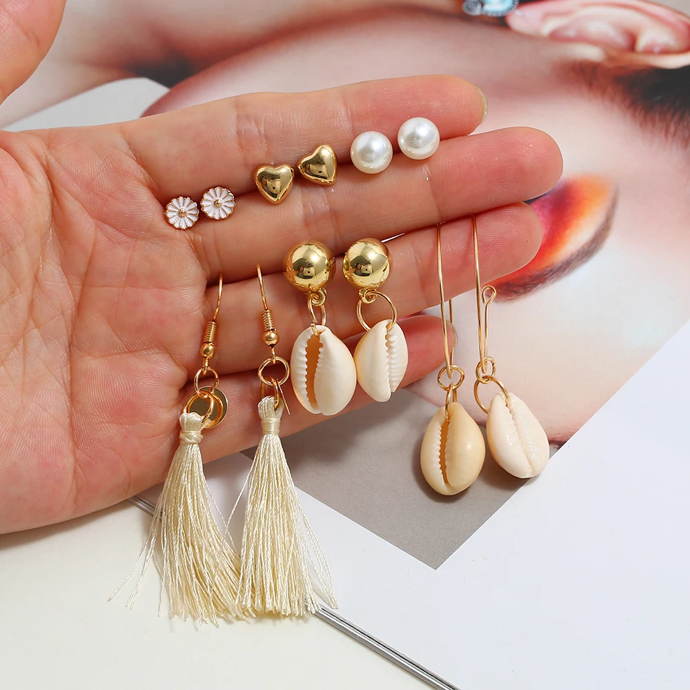 

Fashion gold pearl tassel shell earrings For Women wholesale N97088, Color