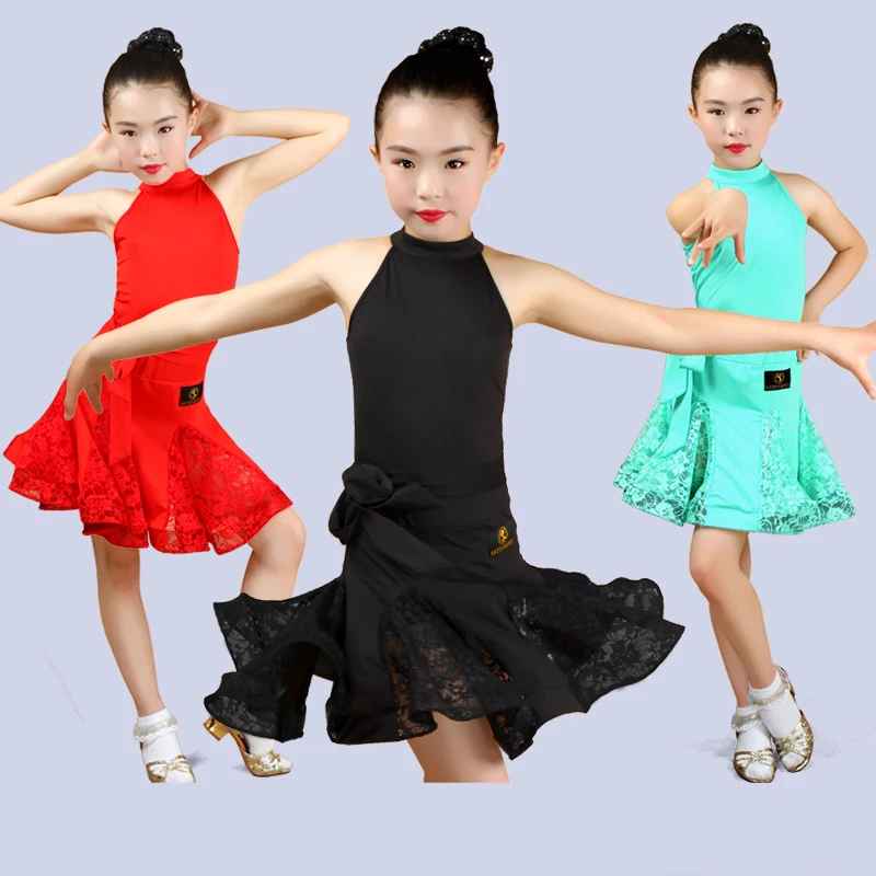 

Latin Dance Dress Girls Lace Skirt Sleeveless Competition Ballroom Dancing Dresses Kids Practice Wear Stage Dancewear DN2215, Red;green;black
