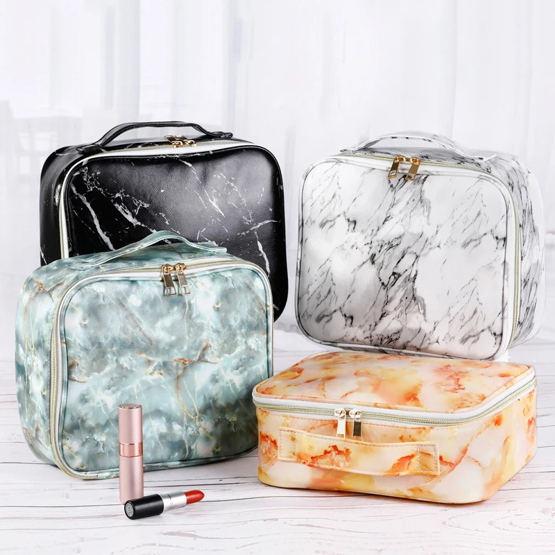 

Portable Travel Toiletry Bag PU Leather Make Up Case Zipper Cosmetic Bag, Black, white, yellow, green