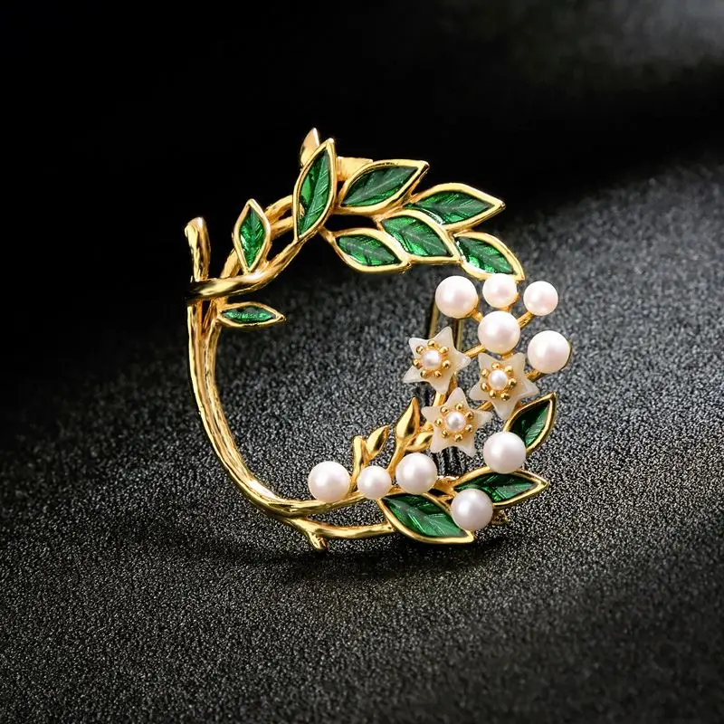 

Enamel Leaves and Pearl Flowers Floral Brooch