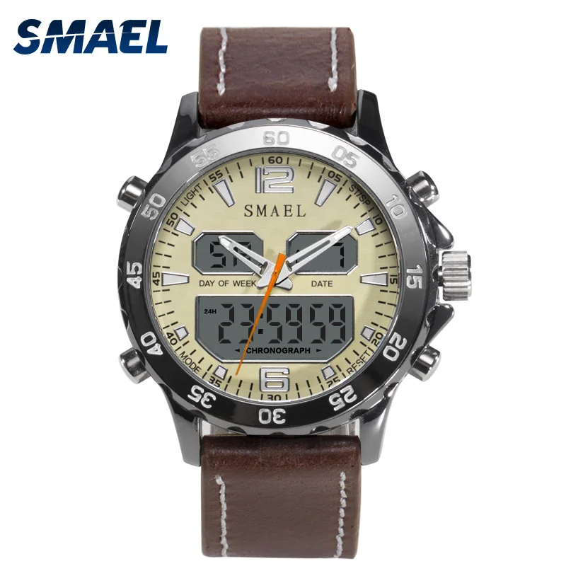 

SMAEL New Sport Waterproof Alloy Watch Digital Quartz Dual Time Wristwatch Clock Synthetic Leather Strap Tide Watch, Black orange;black yellow;white;brown