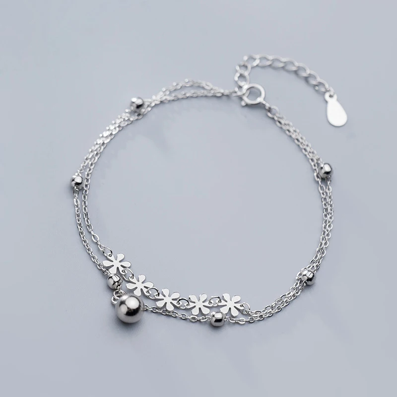 

925 Sterling Silver Mix Flower Double-layer Bead Chain Bracelets Women Gifts Jewelry