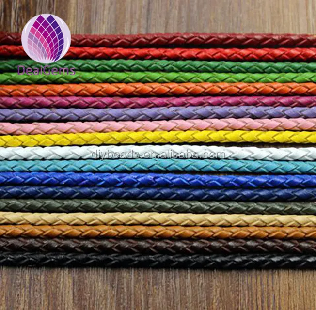 

wholesale round braided cord genuine real leather cord  braided cord, Colorful